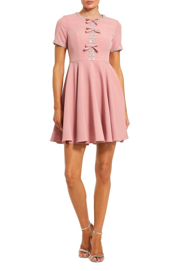 マックダガル レディース トップス ワンピース A ライン ミニ Mac Duggal Women's Crystal Embellished Bow Front A-Line Mini Dress Dusty Rose｜ReVida 店