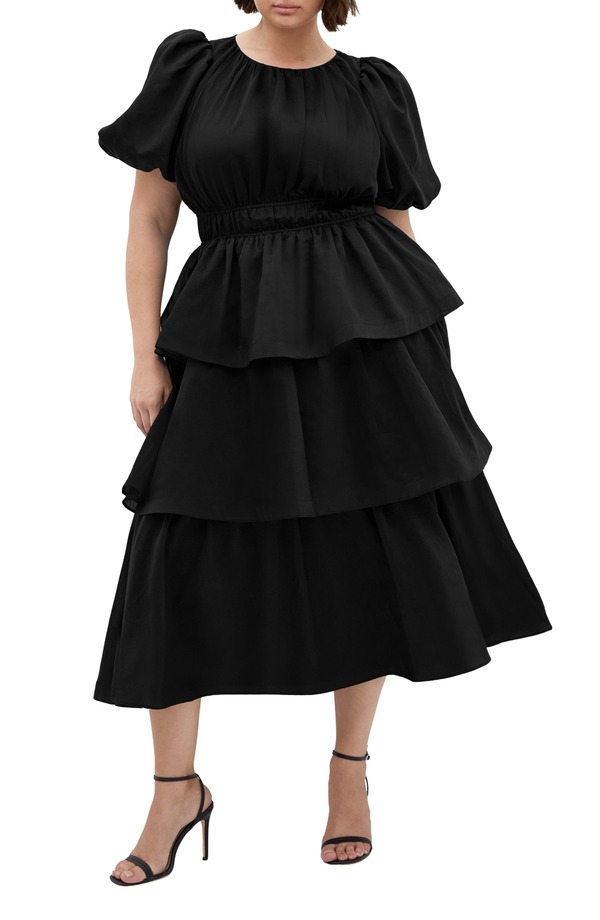 シティーシック レディース トップス ワンピース ティアード プラスサイズ ミディ City Chic Heavenly Tie red Puff Sleeve Midi Dress (Plus) BLACK ブラック｜ReVida 店