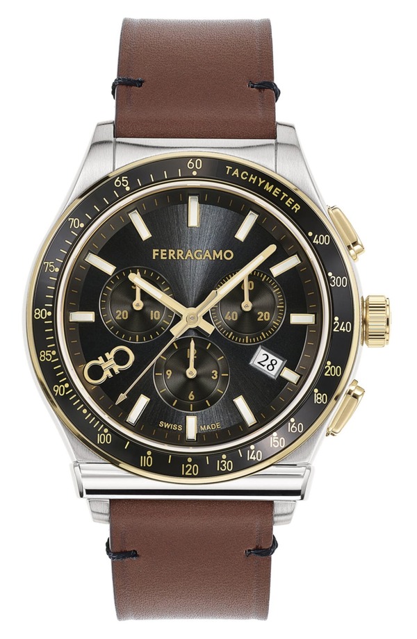 フェラガモ メンズ アクセサリー 腕時計 レザー FERRAGAMO 1927 Chronograph Leather Strap Watch 42mm TWO TONE｜ReVida 店