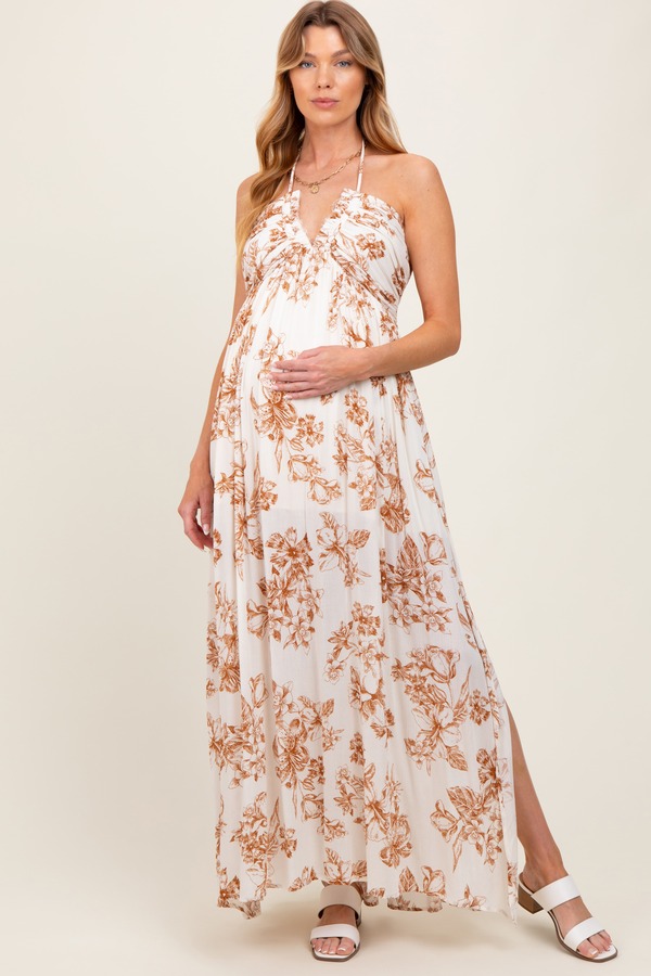 ピンクブラッシュ レディース トップス ワンピース フラワー柄 マタニティ マキシ フラワー ホルター PinkBlush Blue Floral Tie-Back Halter Maxi Dress (Maternity) Taupe トープ|ReVida 店
