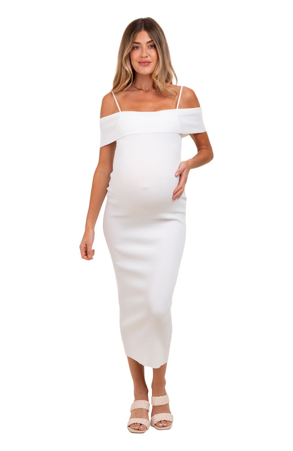 ピンクブラッシュ レディース トップス ワンピース リブニット ミディ ニット マタニティ PinkBlush Rib Knit Off Shoulder Fitted Midi Dress (Maternity) Ivory アイボリー｜ReVida 店
