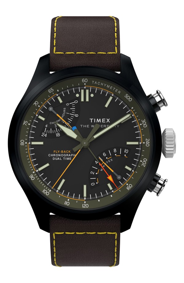 タイメックス メンズ アクセサリー 腕時計 レザー Timex Waterbury Ace Fly-Back Chronograph Leather Strap Watch BLACK ブラック|ReVida 店