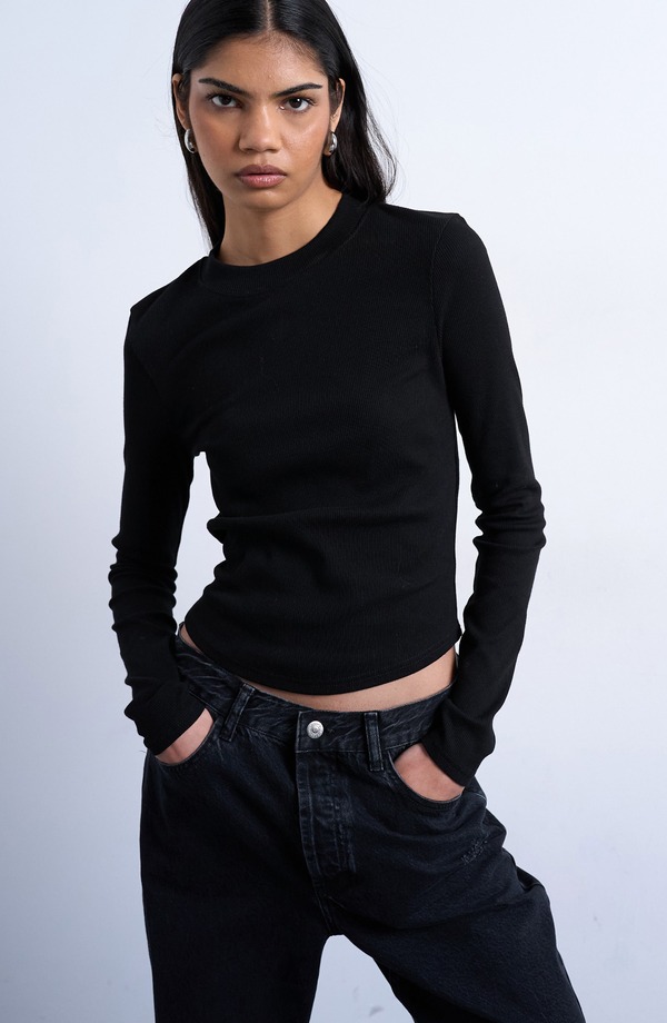 トップショップ レディース トップス シャツ Topshop Long Sleeve Curve Hem Top BLACK ブラック｜ReVida 店