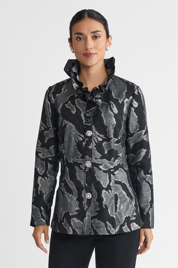 ミンウォン レディース アウター ジャケット・ブルゾン フリル Ming Wang Tailored Shimmeruffle Neck Woven Jacquard Jacket Black/Silver ブラック