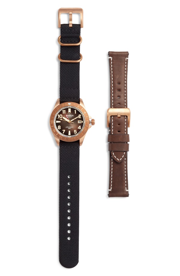 シャイノーラ メンズ アクセサリー 腕時計 レザー Shinola Bronze Monster GMT Automatic Leather & Webbing Strap Watch 40mm DRKBRNDGDE|ReVida 店