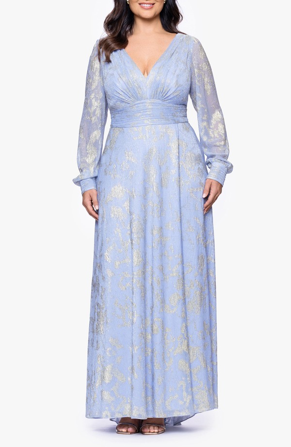 ベッツィアンドアダム レディース トップス ワンピース プラスサイズ トール Betsy & Adametallic Jacquard Long Sleeve Gown (Plus) PERI/ GOLD ゴールド｜ReVida 店