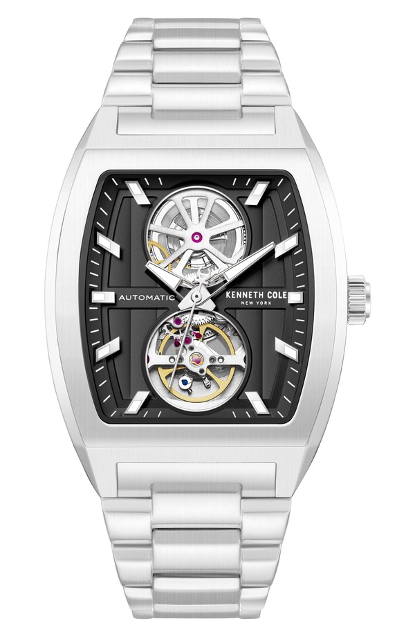 ケネスコール メンズ アクセサリー 腕時計 Kenneth Cole New York The Milford Tonneau Open Heart Automatic Bracelet Watch 40mm x 52.5mm SILVER シルバー｜ReVida 店