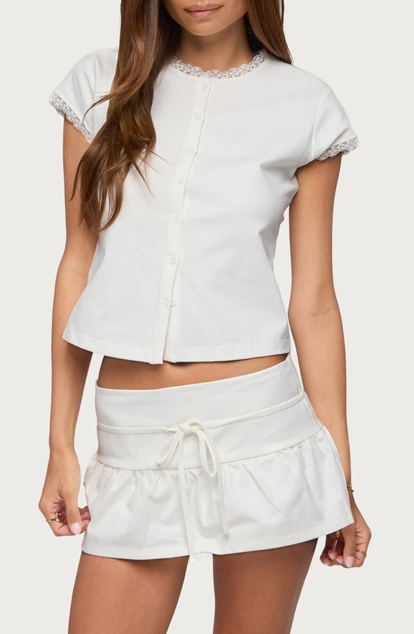 アディクテッド レディース トップス シャツ レーストリム レース EDIKTED Yelena Lace Trim Shirt CREAM クリーム|ReVida 店