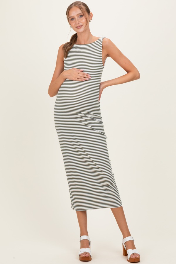 ピンクブラッシュ レディース トップス ワンピース ミディ ノースリーブ マタニティ PinkBlush Striped Boat Neck Sleeveless Midi Dress (Maternity) Olive Green グリーン|ReVida 店