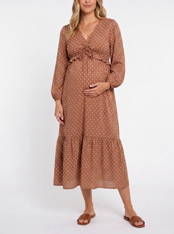 マザーフッドマタニティー レディース トップス ワンピース ミディ MOTHERHOOD MATERNITY Woven Wrap Long Sleeve Midi Dress (Maternity) Mocha Mousse & Vanilla Dot モカ｜ReVida 店