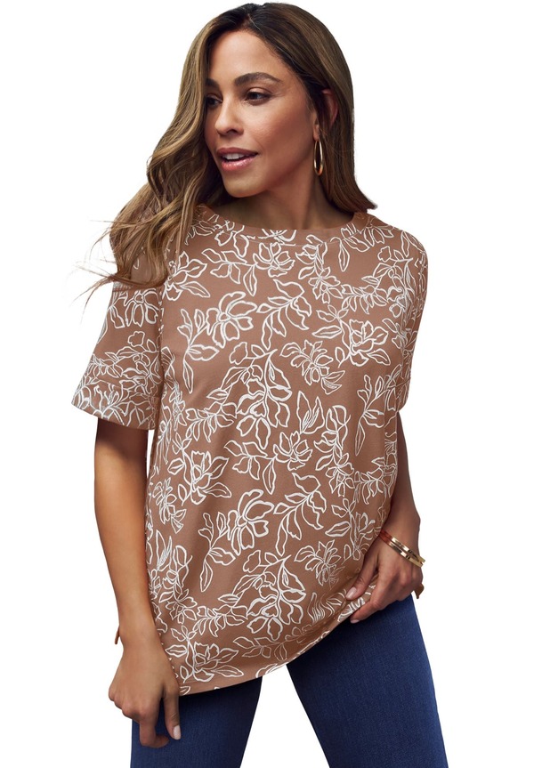 ジェシカロンドン レディース トップス シャツ プラスサイズ コットン Jessica London Stretch Cotton Cuff Tee (Plus Regular) CREAMY MOCHA MOVING FLORAL モカ|ReVida 店
