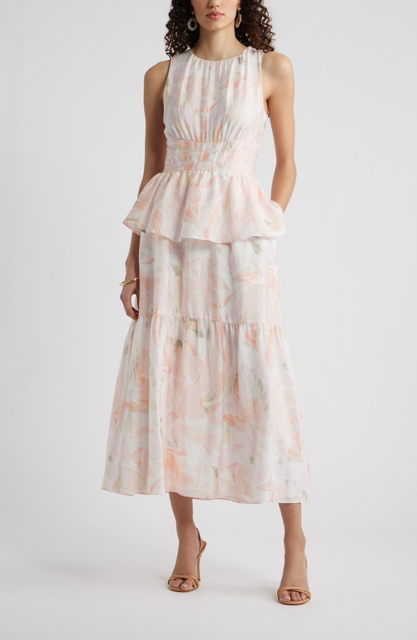 チェルシー 28 レディース トップス ワンピース クルーネック マキシ Chelsea28 Crewneck Seamed Waist Maxi Dress WHITE JARDIN ABSTRACT ホワイト｜ReVida 店