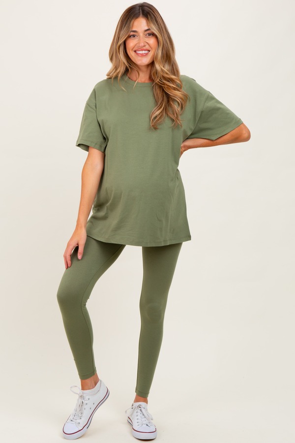 ピンクブラッシュ レディース アンダーウェア ナイトウェア クルーネック マタニティ PinkBlush Oversized Crewneck Short Sleeve and Legging Set (Maternity) Olive Green グリーン|ReVida 店