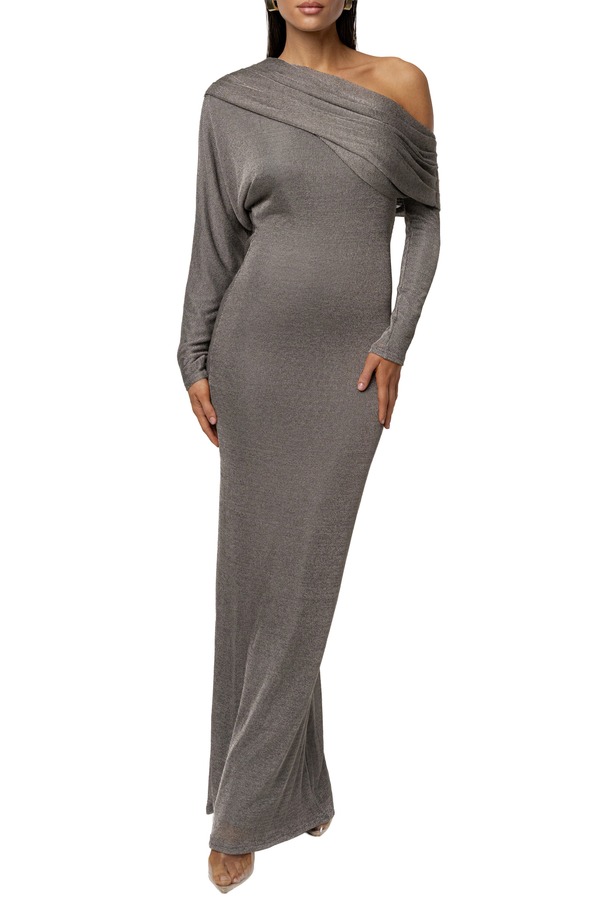 ジェイラックスレーベル レディース トップス ワンピース ドレープ ワンショルダー トール ニット JLUXLABEL Drape & Shine Metallic One-Shoulder Long Sleeve Knit Dres sILVER シルバー｜ReVida 店