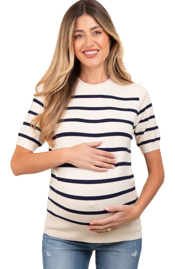 ピンクブラッシュ レディース トップス シャツ ニット マタニティ PinkBlush Striped Knit Short Sleeve Top (Maternity) Navy Blue ネイビー|ReVida 店