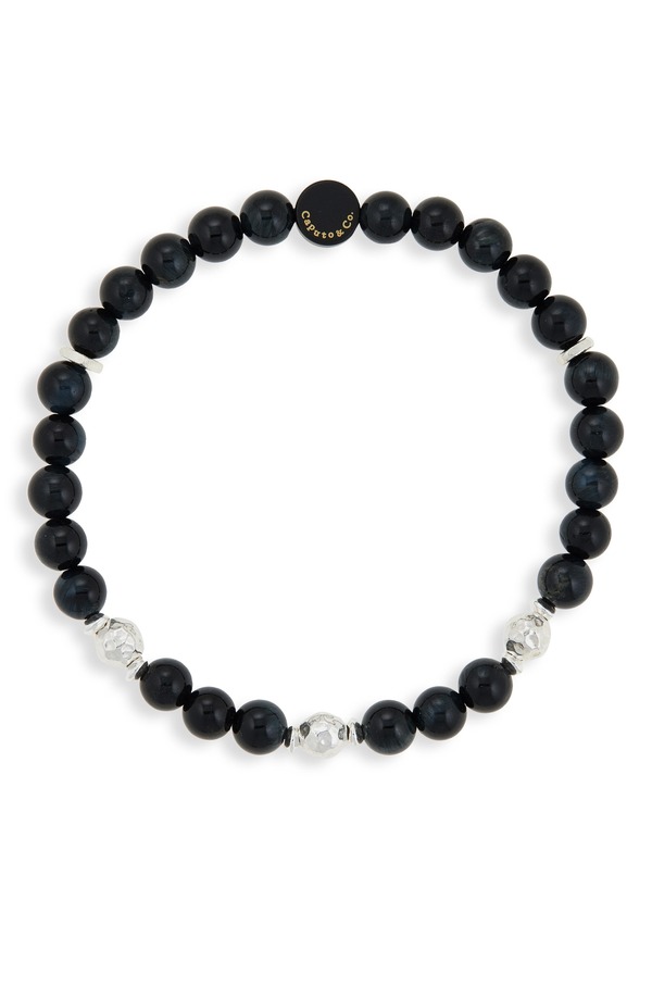 カプトアンドコー メンズ アクセサリー ブレスレット・バングル・アンクレット Caputo & Co. Men's Beaded & Hamme red Ball Stretch Bracelet BLUE TIGER EYE ブルー｜ReVida 店