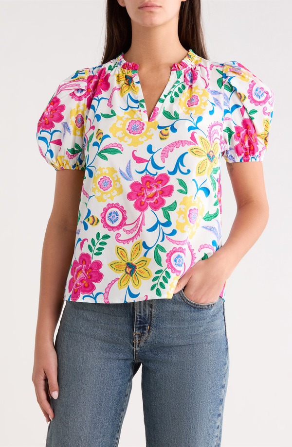 シュガーリップス レディース トップス シャツ コットン SUGARLIPS Puntalta Berisa Split Neck Puff Sleeve Cotton Top WHITE MULTI ホワイト｜ReVida 店