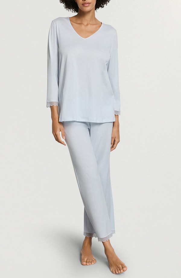 ハンロ レディース アンダーウェア ナイトウェア チュール コットン Hanro Inaya Tulle Trim Cotton Pajamas WATERY BLUE ブルー｜ReVida 店