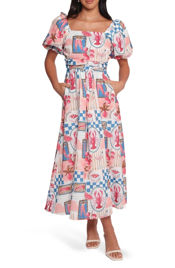 ペタルアンドパップ レディース トップス ワンピース ミディ コットン Petal & Pup Cleo Puff Sleeve Cotton Midi Dress PINK BLUE ブルー|ReVida 店