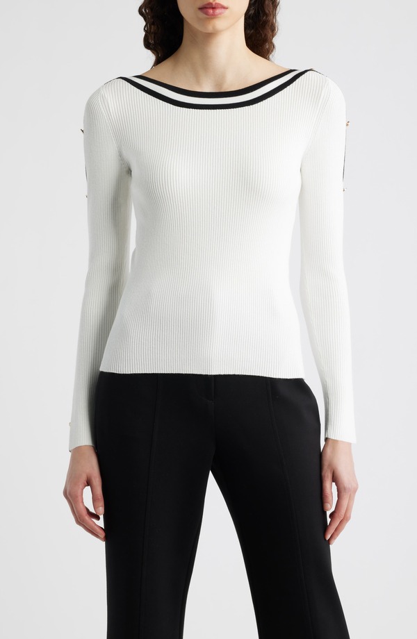 エリータハリ レディース アウター パーカー・スウェット セーター Elie Tahari The Abbie Rib Sweater SKY WHITE / NOIR ホワイト｜ReVida 店