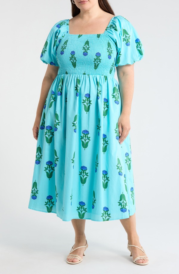 シュガーリップス レディース トップス ワンピース フラワー柄 プラスサイズ ミディ シャーリング フラワー SUGARLIPS Maray Floral Smocked Midi Dress (Plus) BLUE GREEN MULTI ブルー|ReVida 店