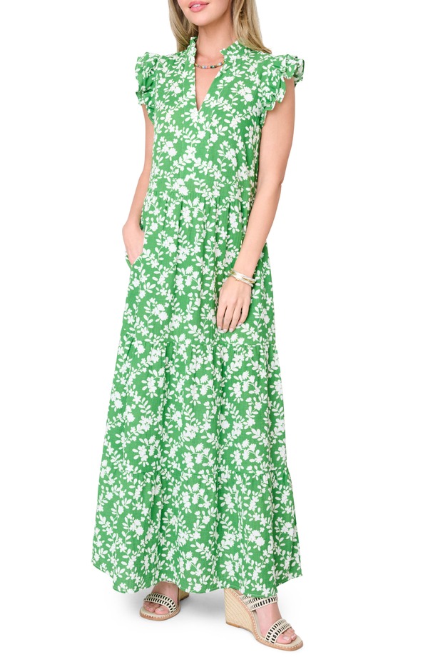 ギブソンルック レディース トップス ワンピース フラワー柄 プリント マキシ フラワー GIBSONLOOK Floral Print Flutter Sleeve Maxi Dress GREEN TRELLIS グリーン｜ReVida 店