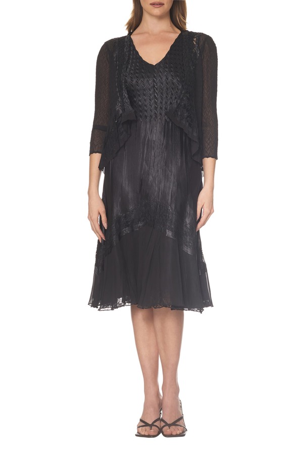 コマロフ レディース トップス ワンピース ティアード シフォン レーストリム レース ジャケット Komarov Lace Trim Charmeuse & Chiffon Tieredress with Jacket Black ブラック｜ReVida 店
