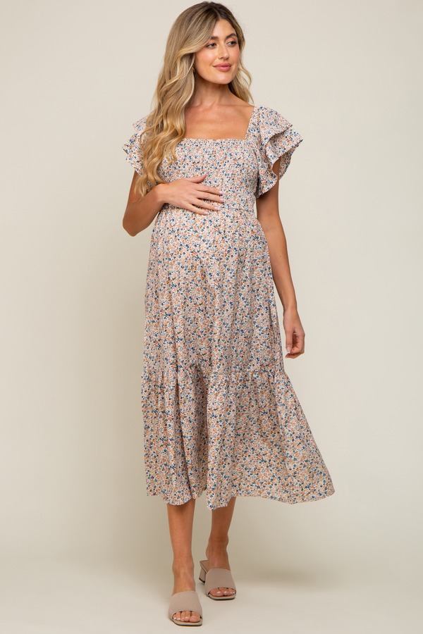 ピンクブラッシュ レディース トップス ワンピース フラワー柄 ミディ マタニティ フラワー PinkBlush Floral Flutter Midi Dress (Maternity) Cream クリーム｜ReVida 店