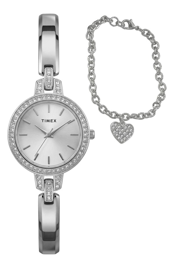 タイメックス レディース アクセサリー 腕時計 Timex Aveline Bracelet Watch & Charm Bracelet Gift Set 28mm SILVER-TONE シルバー|ReVida 店