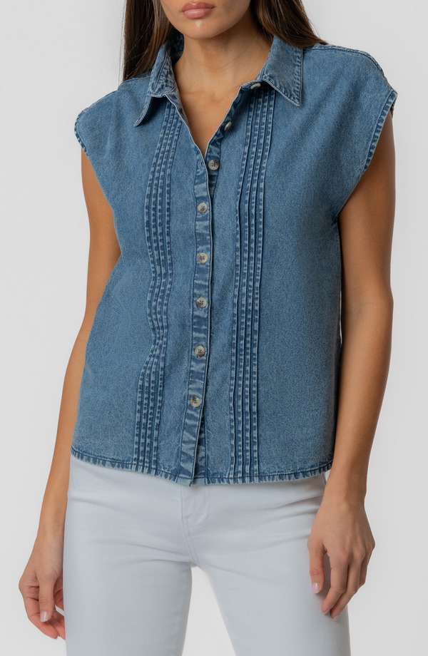 カットフロムザクロス レディース トップス シャツ デニム キャップ KUT from the Kloth Penelope Pintuck Cap Sleeve Denim Shirt BEAMING デニム｜ReVida 店