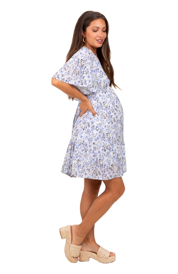 ピンクブラッシュ レディース トップス ワンピース Vネック フラワー柄 ミニ マタニティ フラワー PinkBlush Floral V-Neck Flutter Sleeve Mini Dress (Maternity) Periwinkle｜ReVida 店