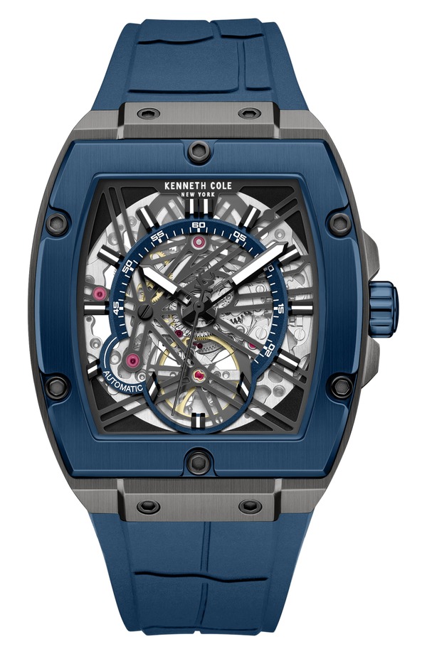 ケネスコール メンズ アクセサリー 腕時計 Kenneth Cole New York Skeleton Blue Tonneautomatic Silicone Strap Watch 41.5mm x 53.5mm BLUE ブルー｜ReVida 店