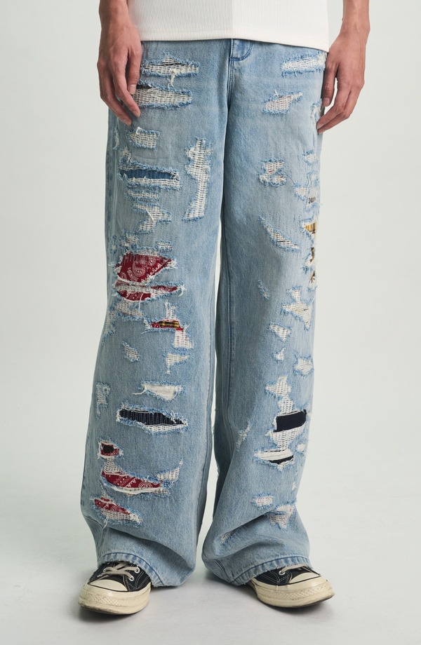 アールティーエー メンズ ボトムス デニムパンツ ワイドレッグ ジーンズ RtA Franco Rip & Repair Wide Leg Jeans FRAYED INDIGO インディゴ|ReVida 店