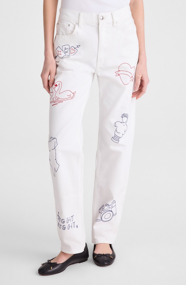 メイドウェル レディース ボトムス デニムパンツ 刺繍 ジーンズ Madewell Embroide red Slim Boyfriend Jeans TILE WHITE ホワイト｜ReVida 店