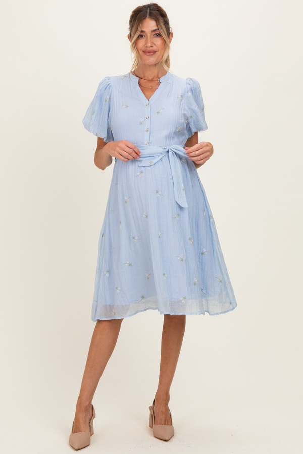 ピンクブラッシュ レディース トップス ワンピース フラワー柄 刺繍 マタニティ フラワー PinkBlush Floral Embroide red Tie Waist Dress (Maternity) Blue ブルー|ReVida 店