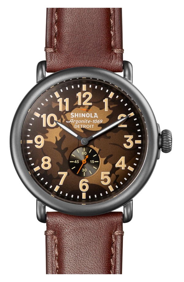 シャイノーラ メンズ アクセサリー 腕時計 レザー Shinola Runwelleather Strap Watch 47mm BROWN OAK CAMO ブラウン|ReVida 店