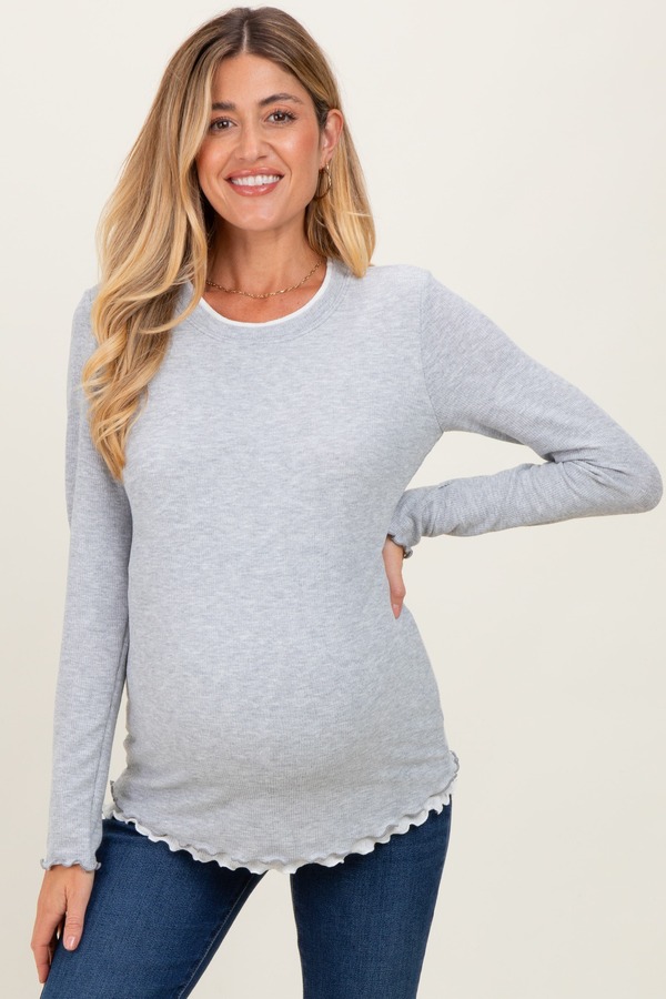 ピンクブラッシュ レディース トップス シャツ リブ マタニティ PinkBlush Ribbed Long Sleeve Twofer Top (Maternity) Heather Grey グレー|ReVida 店