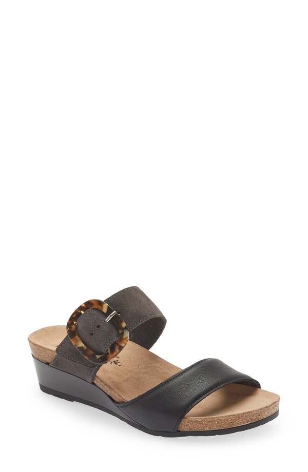 ナオト レディース シューズ ヒール サンダル Naot Kingdom Wedge Slide Sandal Black Leather/Midnight Suede ブラック レディース靴-ミュール