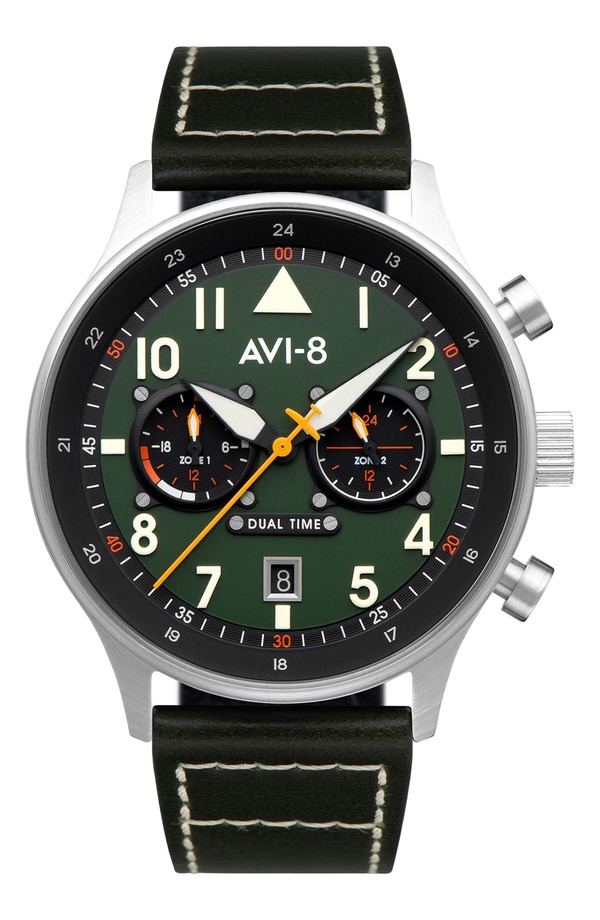 アヴィエイト メンズ アクセサリー 腕時計 レザー AVI-8 Hawker Hurricane Carey Chronograph Leather Strap Watch, 44mm Green グリーン｜ReVida 店
