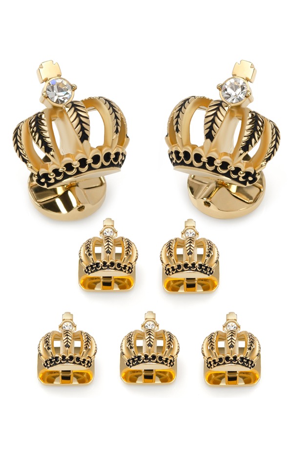 カフリンク メンズ アクセサリー カフスボタン Cufflinks, Inc. Vincent De Paul 3D Crown Gold Crystal Cuff Links & Stud Set GOLD ゴールド|ReVida 店