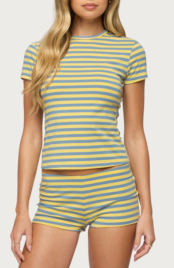 アディクテッド レディース トップス Tシャツ EDIKTED Isara Stripe Crop T-Shirt BLUE-AND-YELLOW ブルー|ReVida 店