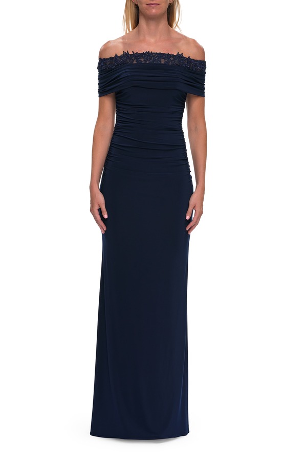 ラフェム レディース トップス ワンピース レーストリム レース La Femme Off the Shoulder Lace Trim Eveningow navy ネイビー｜ReVida 店