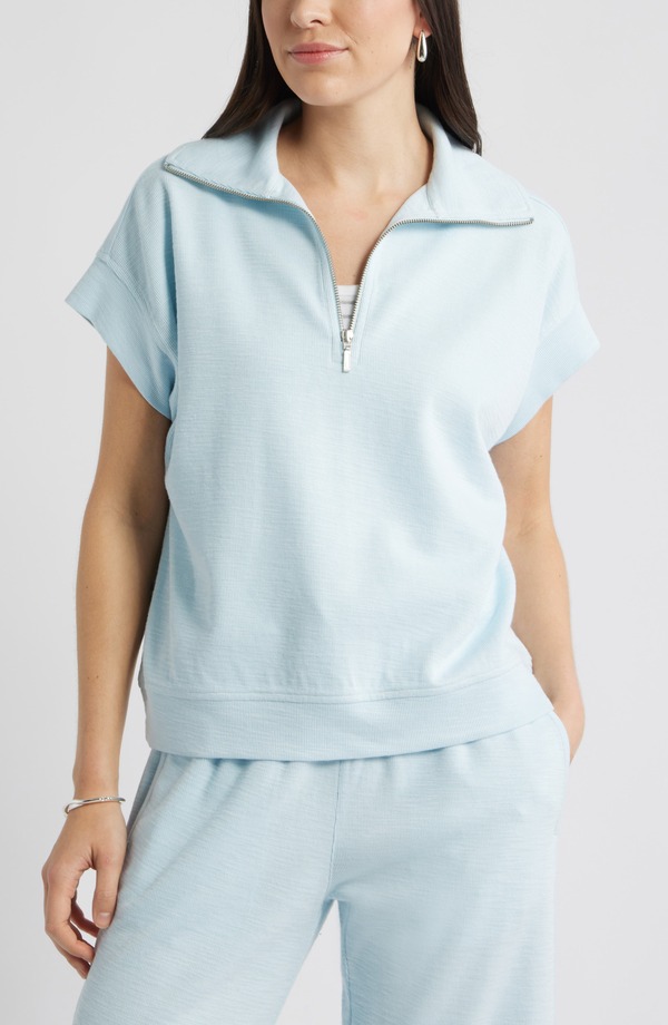 キャスロン レディース アウター パーカー・スウェット ハーフジップ シャツ Caslon Short Sleeve Quarter Zip Sweatshirt BLUE DELICATE ブルー|ReVida 店