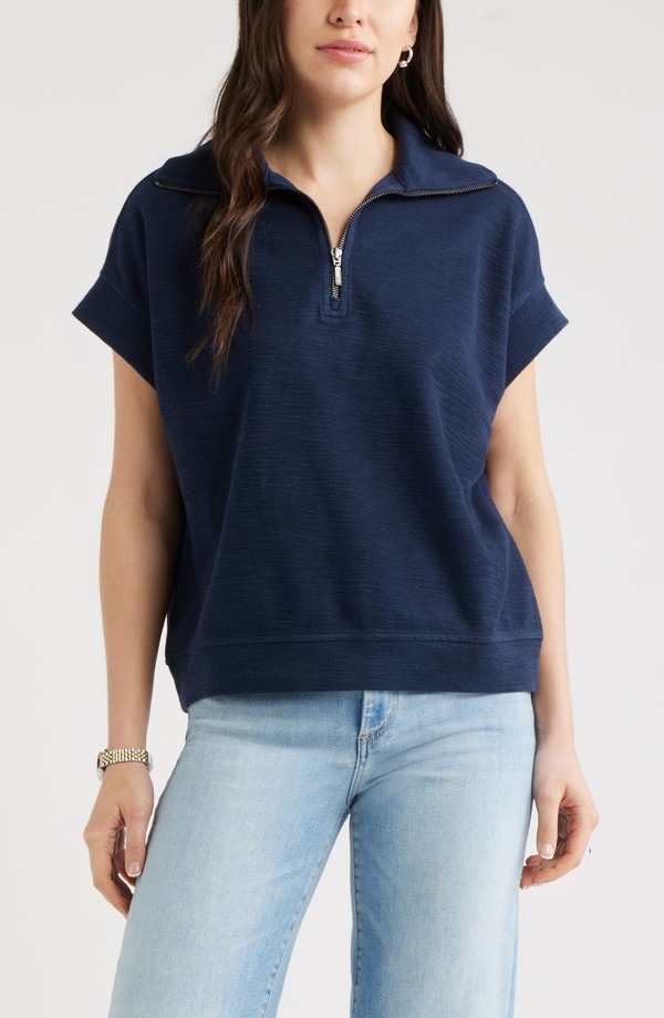 キャスロン レディース アウター パーカー・スウェット ハーフジップ シャツ Caslon Short Sleeve Quarter Zip Sweatshirt NAVY STILL ネイビー|ReVida 店