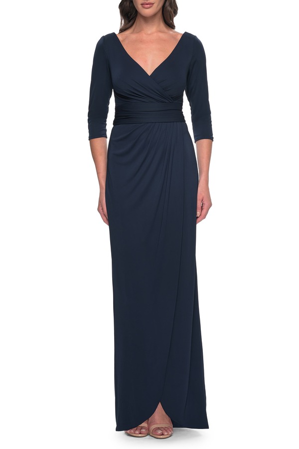 ラフェム レディース トップス ワンピース ギャザー ジャージー La Femme Simple Chic Jersey Dress with Ruched Waist and V Neckline Navy ネイビー｜ReVida 店