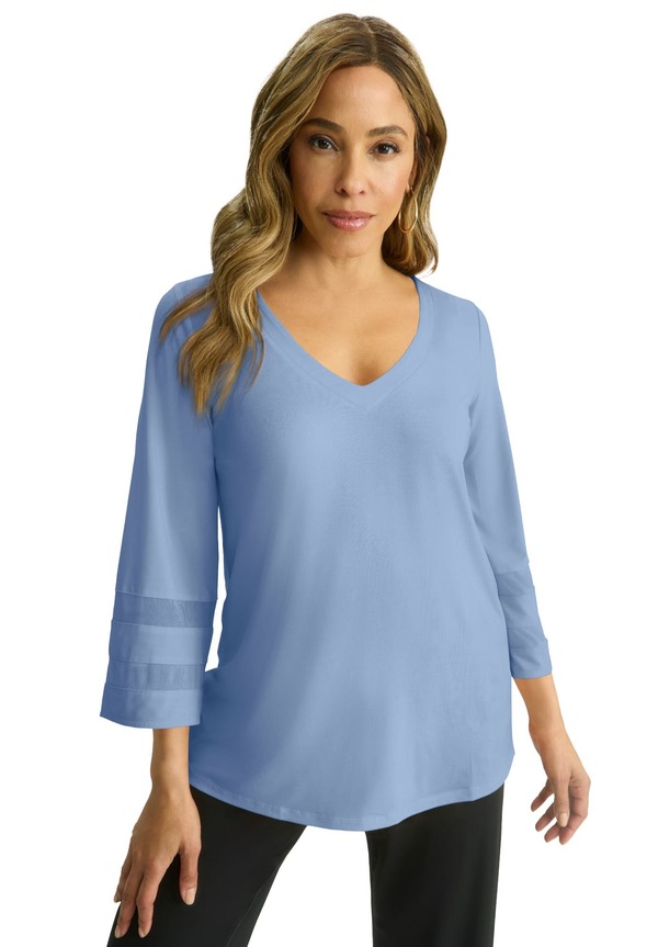 ジェシカロンドン レディース トップス シャツ プラスサイズ メッシュ ニット Jessica London Stretch Knit Mesh Inset Sleeve Tunic (Plus Regular) AZURE MIST｜ReVida 店