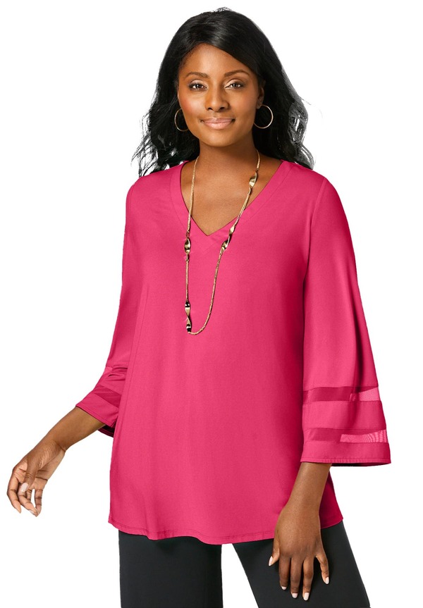 ジェシカロンドン レディース トップス シャツ プラスサイズ メッシュ ニット Jessica London Stretch Knit Mesh Inset Sleeve Tunic (Plus Regular) PINK BURST ピンク｜ReVida 店