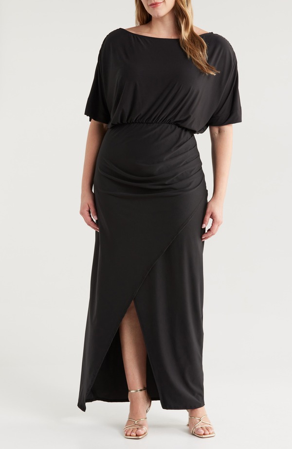 24 セブンコンフォート レディース トップス ワンピース フロントスリット プラスサイズ ジャージー 24seven Comfort Apparel Batwing Sleeve Front Slit Jersey Dress (Plus) BLACK ブラック｜ReVida 店