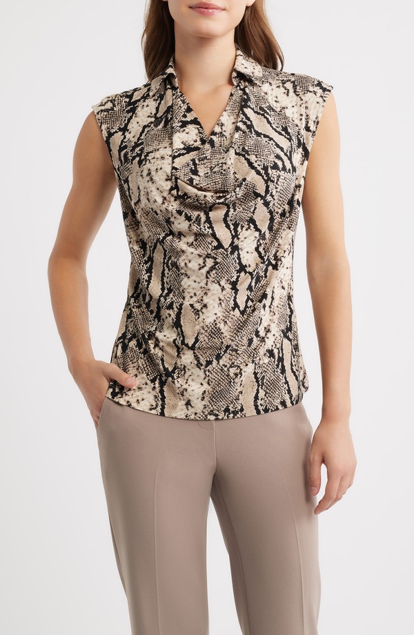 アンクライン レディース トップス シャツ プチ キャップ Anne Klein Cap Sleeve Shirt (Petite Regular) BLACK/ LATTE MULTI ブラック｜ReVida 店