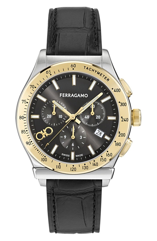 フェラガモ メンズ アクセサリー 腕時計 レザー FERRAGAMO 1927 Chronograph Leather Strap Watch 42mm TWO TONE BLACK ブラック|ReVida 店